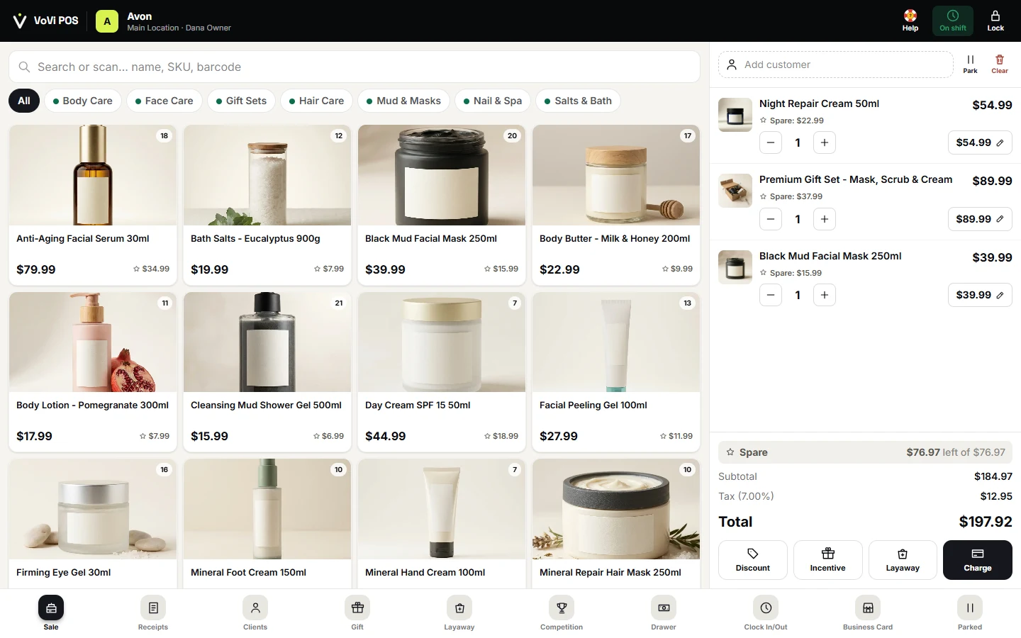 Pantalla real de VoVi con productos, carrito y controles de cobro